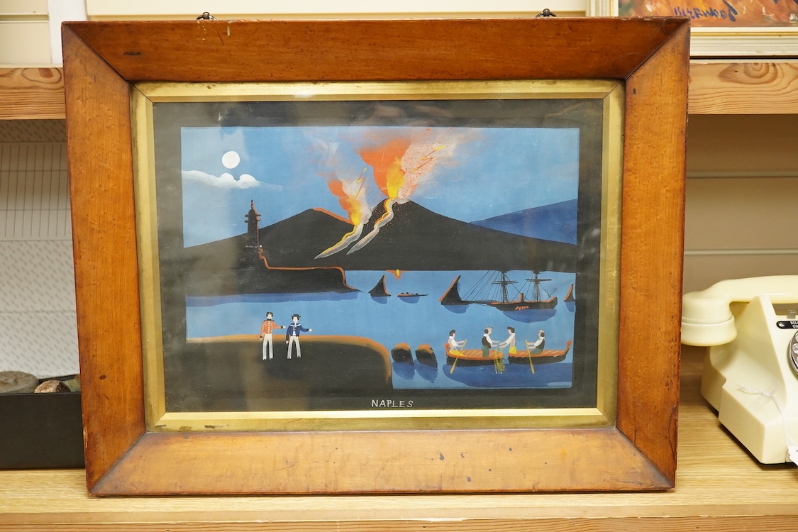 Neapolitan School, Vesuvius erupting, naive gouache, maple framed, 26 x 37cm